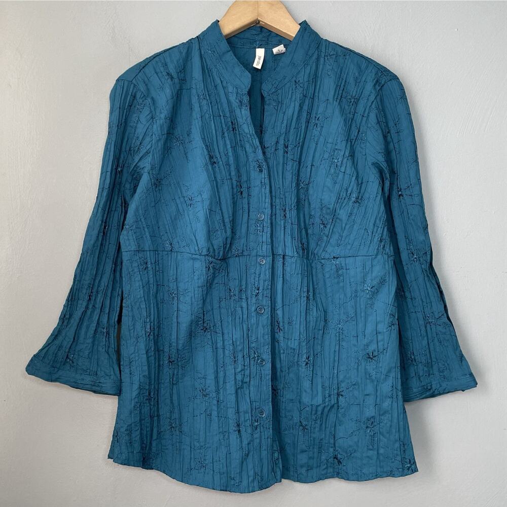 Teal Eyelet Blouse Size Large Crinkle Empire Waist Embroidered Top Cottage Y2K